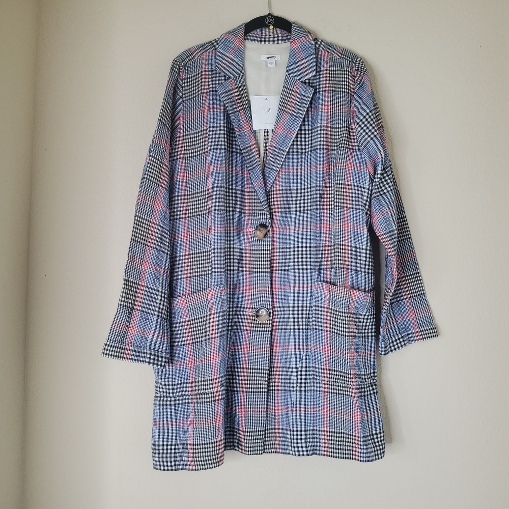 J Jill Womens Jacket Blazer Barley Multicolor Plaid Cotton Boyfriend Sz M Comfy
